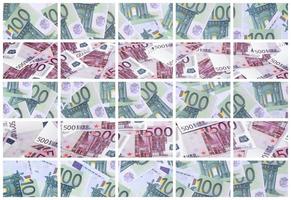 eine Collage aus vielen Bildern von Hunderten von Dollar- und Euroscheinen, die auf einem Stapel liegen foto