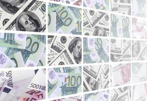 eine Collage aus vielen Bildern von Euro-Banknoten im Wert von 100 und 500 Euro, die auf dem Haufen liegen foto