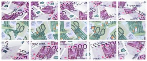 eine Collage aus vielen Bildern von Hunderten von Dollar- und Euroscheinen, die auf einem Stapel liegen foto