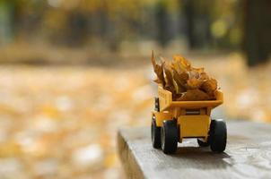 Das Konzept der saisonalen Ernte von Herbstlaub wird in Form eines mit Blättern beladenen gelben Spielzeuglastwagens vor dem Hintergrund des Herbstparks dargestellt foto