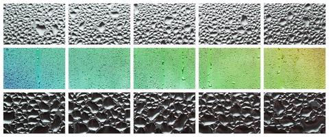 eine Collage aus vielen verschiedenen Glassplittern, verziert mit Regentropfen aus dem Kondensat. Frühlingstöne mit grünen und blauen Farben foto