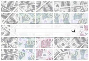 Der Suchbegriff befindet sich über einer Collage aus vielen Bildern von Euro-Banknoten im Wert von 100 und 500 Euro, die auf dem Haufen liegen foto