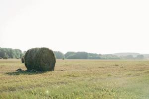 Heuhaufen im Herbstfeld gegen den blauen Himmel aus nächster Nähe foto