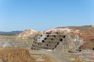 luftdrohnenansicht der bergbautätigkeit in minas de riotinto in spanien. Apokalypse Landschaft. Extraktion. Bergbaudorf in Andalusien. Zerstörung der Erde. Störung der Natur. foto