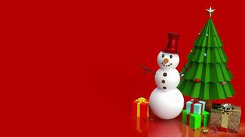 der schneemann und der weihnachtsbaum auf rotem hintergrund 3d-rendering foto