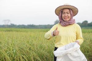 glückliche asiatische bäuerin ist auf einem reisfeld, trägt hut, gelbes hemd, thailändischer lendenschurz bedeckt kopf, hält weißen sack mit organischem dünger, selbstbewusst. Konzept, Landwirt zufrieden mit Produkten für die Landwirtschaft foto