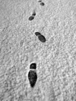 Stiefelspuren auf frisch gefallenem Schnee im Winter. foto