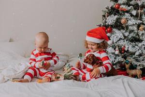 kinder in rot-weißen pyjamas sitzen im bett und teilen weihnachtssüßigkeiten miteinander und mit ihrem hund. bruder und schwester, junge und mädchen feiern das neue jahr. Platz für Text. hochwertiges Foto