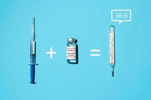 spritze, covid-19-impfstoff und thermometer auf blauem hintergrund, flach gelegt. Konzept Mathebeispiel Spritze plus Impfung gleich Normaltemperatur foto