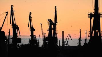 Silhouetten von Schiffen und Containerkränen im Seehafen foto