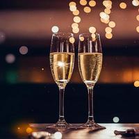 champagnergläser gegen weihnachtslichter und neujahrsfeuerwerk