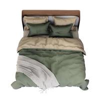 3D-Möbel braun-grünes Doppelbett isoliert auf weißem Hintergrund, Dekorationsdesign für Schlafzimmer foto