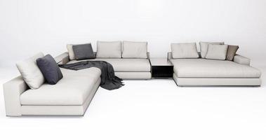 3D-Möbel moderne Stoffecke Mehrsitz isoliert auf weißem Hintergrund mit Beschneidungspfad, Dekorationsdesign für Wohnzimmer foto