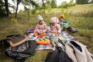 Picknick im Herbstpark. Drei Kinder essen im Wald, während sie auf einer Decke sitzen. foto