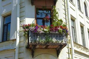 Sonnige Fassade eines alten Stadthauses, traditioneller europäischer Balkon mit hellen Blumen und Blumentöpfen, Fenster foto