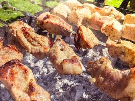 köstliche schöne gebratene schweinefleischspieße auf dem rauch, gekocht auf dem grill mit spießen mit kohlen. Grillen in der Natur. Grill