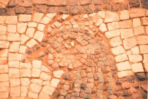 petra, jordanien, 2022 - kaukasische touristin im byzantinischen kirchenstand erkunden historische überreste von mosaiken foto