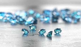 Gruppe von blauen Diamant-Saphir platziert auf glänzendem Hintergrund Hauptobjekt Fokus 3D-Rendering foto