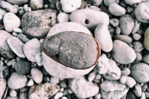 glatte, trockene Flusskiesel im Bachbett foto