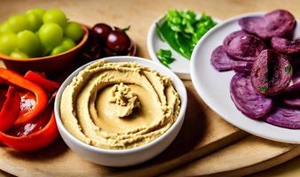 gesundes Essen. Traditioneller frisch zubereiteter Bio-Hummus. foto