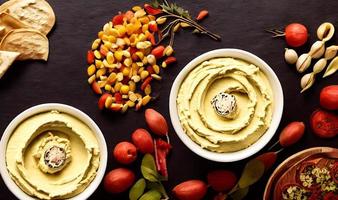 gesundes Essen. Traditioneller frisch zubereiteter Bio-Hummus. foto