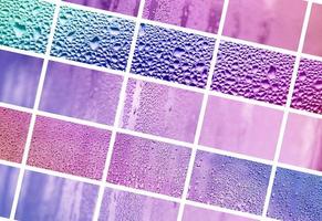eine Collage aus vielen verschiedenen Glassplittern, verziert mit Regentropfen aus dem Kondensat. violette und violette Töne foto