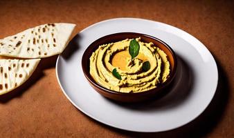 gesundes Essen. Traditioneller frisch zubereiteter Bio-Hummus. foto