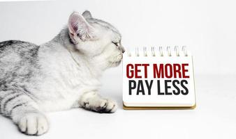 Holen Sie sich mehr, zahlen Sie weniger Text auf einem Notizbuch mit grauer Katze foto