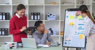 Ein Team von Geschäftsleuten plant mit ihren Laptops und Diagrammen ihre Gewinne und berechnet mit einem Taschenrechner die Jahresbilanz ihres Unternehmens. foto