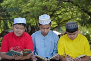 Eine Gruppe muslimischer Jungen sitzt zusammen unter dem Baum im Schulpark, sie lesen, lernen, reden, schlagen vor und beraten sich gegenseitig über Lernprobleme, weicher und selektiver Fokus. foto