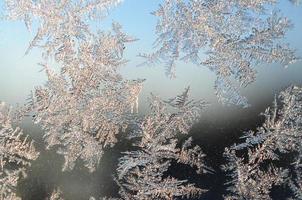 Schneeflocken Frost Raureif Makro auf Fensterglasscheibe foto