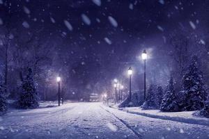 Landschaft des Schneesturm-Winterhintergrunds nachts, digitales Kunstdesign