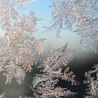 Schneeflocken Frost Raureif Makro auf Fensterglasscheibe foto