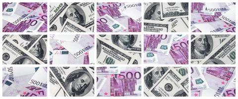 eine Collage aus vielen Bildern von Euro-Banknoten im Wert von 100 und 500 Euro, die auf dem Haufen liegen foto