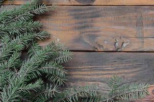 Baumast auf rustikalem hölzernem Hintergrund, der für Weihnachtsdekoration verwendet wird foto