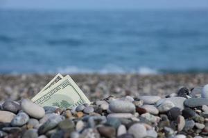 Hundert Dollar, die halb mit runden Felsen bedeckt sind, liegen am Strand foto