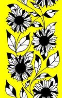 Nahtloser Blumenrahmen aus schwarzen und weißen Sonnenblumen auf gelbem Hintergrund, heller Blumenrahmen, Textur foto
