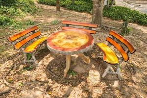 Tisch und drei Bänke im Park foto