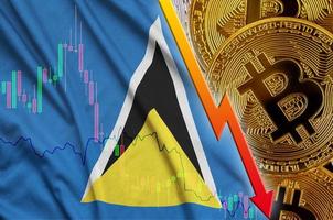 st. lucia flag und kryptowährung fallender trend mit vielen goldenen bitcoins foto