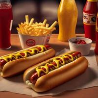 Hot Dogs mit Ketchup, gelbem Senf, Pommes Frites und Soda. foto