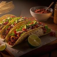 mexikanische tacos des hohen winkels auf hölzernem hintergrund foto