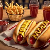 Hot Dogs mit Ketchup, gelbem Senf, Pommes Frites und Soda. foto