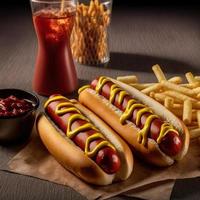 Hot Dogs mit Ketchup, gelbem Senf, Pommes Frites und Soda. foto