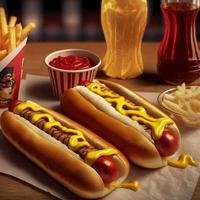 Hot Dogs mit Ketchup, gelbem Senf, Pommes Frites und Soda. foto