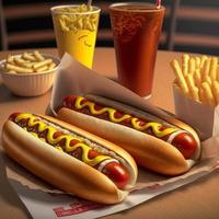 Hot Dogs mit Ketchup, gelbem Senf, Pommes Frites und Soda. foto