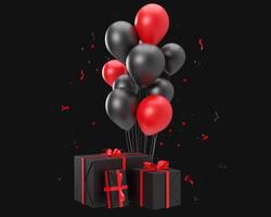 rote und schwarze Luftballons und Geschenke isoliert auf schwarzem Hintergrund. schwarzer freitag, geburtstag, feier, element für ereigniskarte. ausgeschnitten. modernes Design. 3D-Rendering. foto