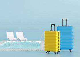 Koffer und Schwimmbad auf blauem Hintergrund. Urlaub, Tourismus, Reisen. Touristen, toller Urlaub. Zeit entspannen. Paar. Kopieren Sie Platz für Ihren Text oder Ihr Logo. 3D-Rendering. foto