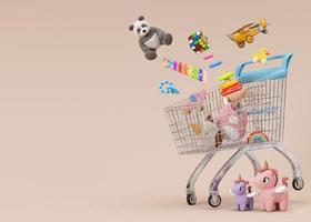 Einkaufswagen, Trolley mit Kinderspielzeug auf rosa Hintergrund, Kopierraum. mehrfarbiges Spielzeug für Kleinkinder oder Babys. verkauf von spielzeug, gutes angebot, rabatt. leerer Platz für Ihren Text. 3D-Rendering. foto