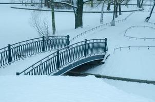 Alles im Park war mit Schnee bedeckt. Die Brücke liegt im Schnee und der Fluss ist zugefroren foto