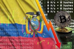 Ecuador-Flagge und fallender roter Pfeil auf dem Bitcoin-Mining-Bildschirm und zwei physische goldene Bitcoins foto